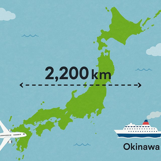 飛行機とフェリー、北海道から沖縄までの距離比較